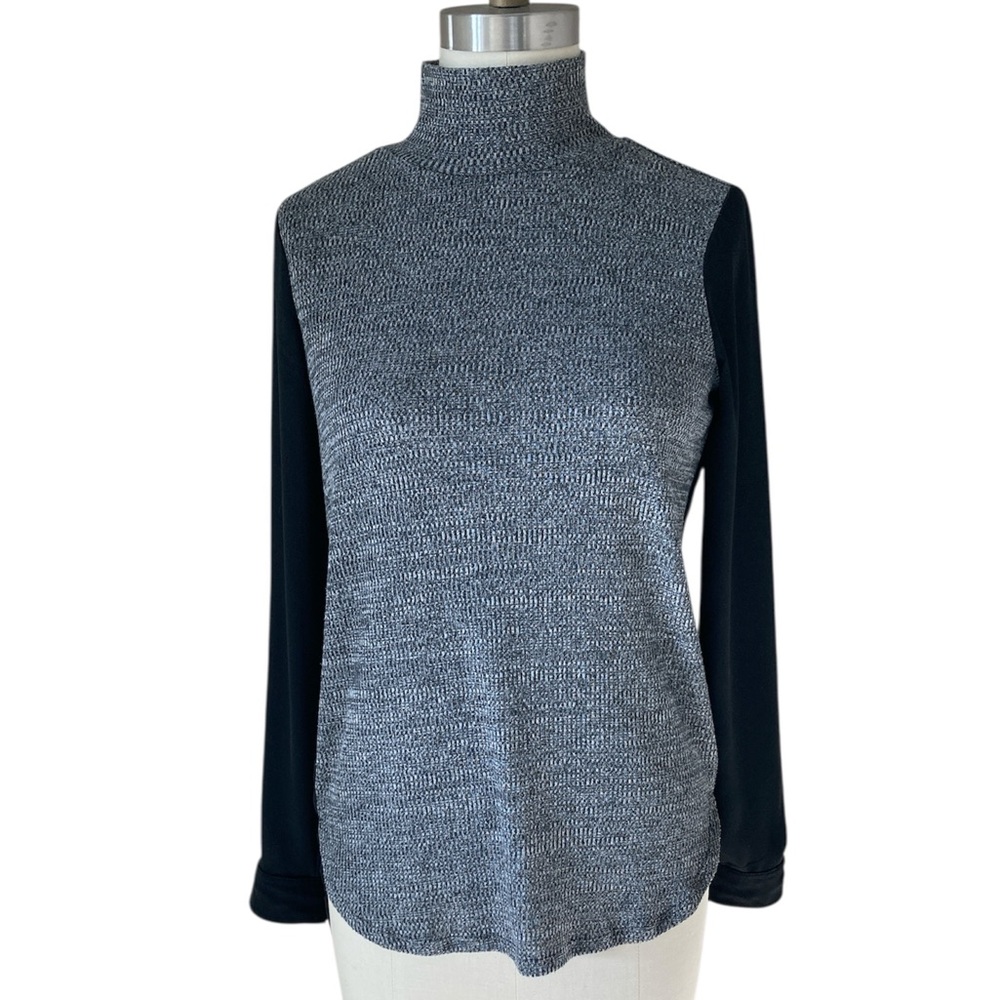 LOFT Black and Gray Mock neck Sheer Long Sleeve Blouse